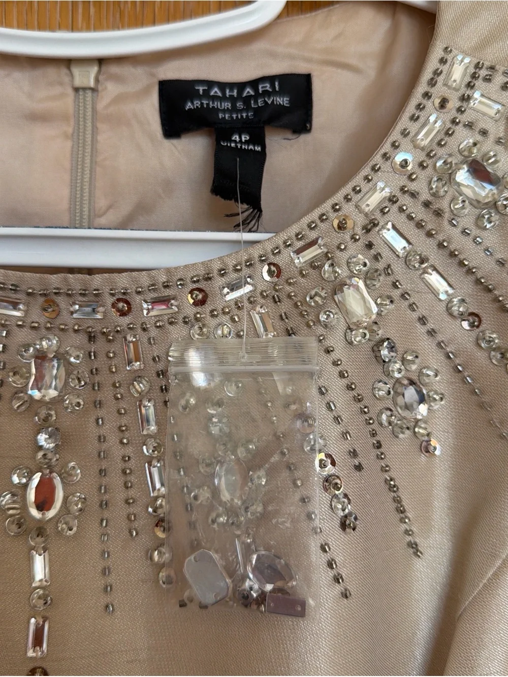 Tahari Champagne Beaded Neckline Midi Dress - Picture 3 of 5